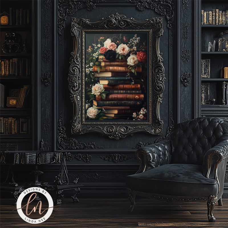 Dark Academia Vintage Stack of Books Gothic Wall Art Print - Available on Metal or Fine Art Paper - Designs by Linda Nee