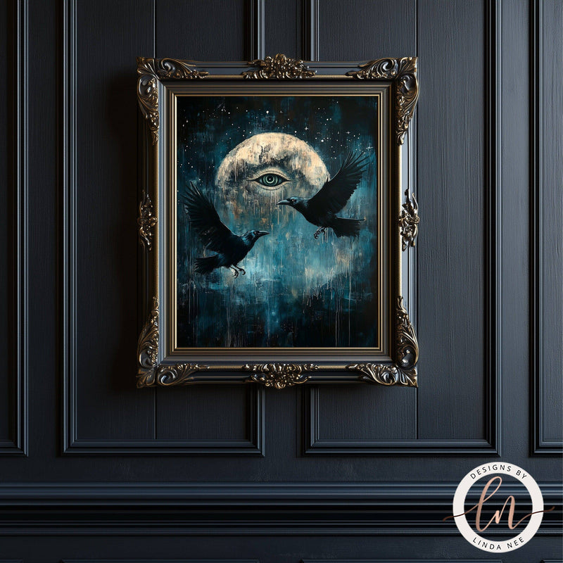 All Seeing Eye Art Celestial Full Moon with Ravens Wall Art Print - Available on Metal or Fine Art Paper - Designs by Linda Nee