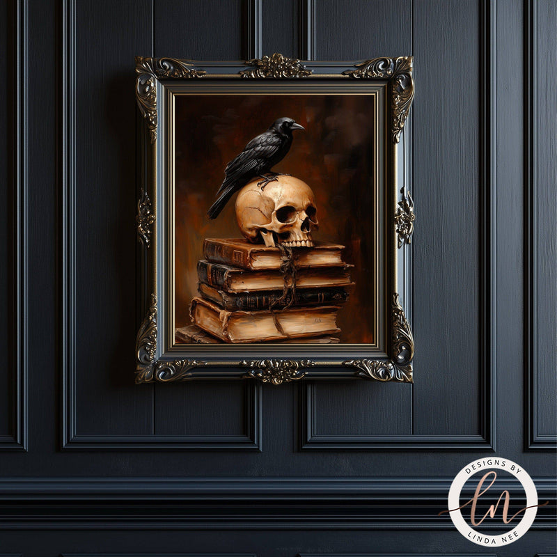 a painting of a skull with a crow on top of a pile of books