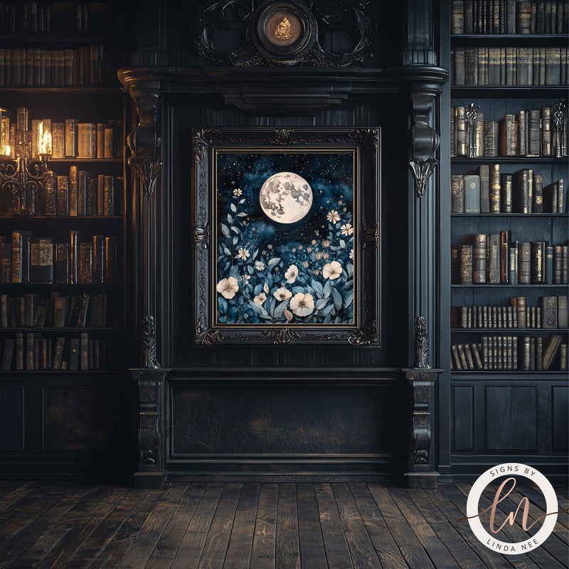 Full Moon Celestial Botanical Wall Art Print - Available on Metal or Fine Art Paper - Designs by Linda Nee