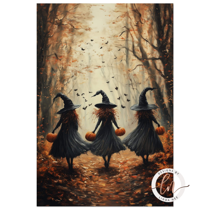 Fall Witches in the Forest Halloween Wall Art Print - Available on Metal or Fine Art Paper - Designs by Linda Nee