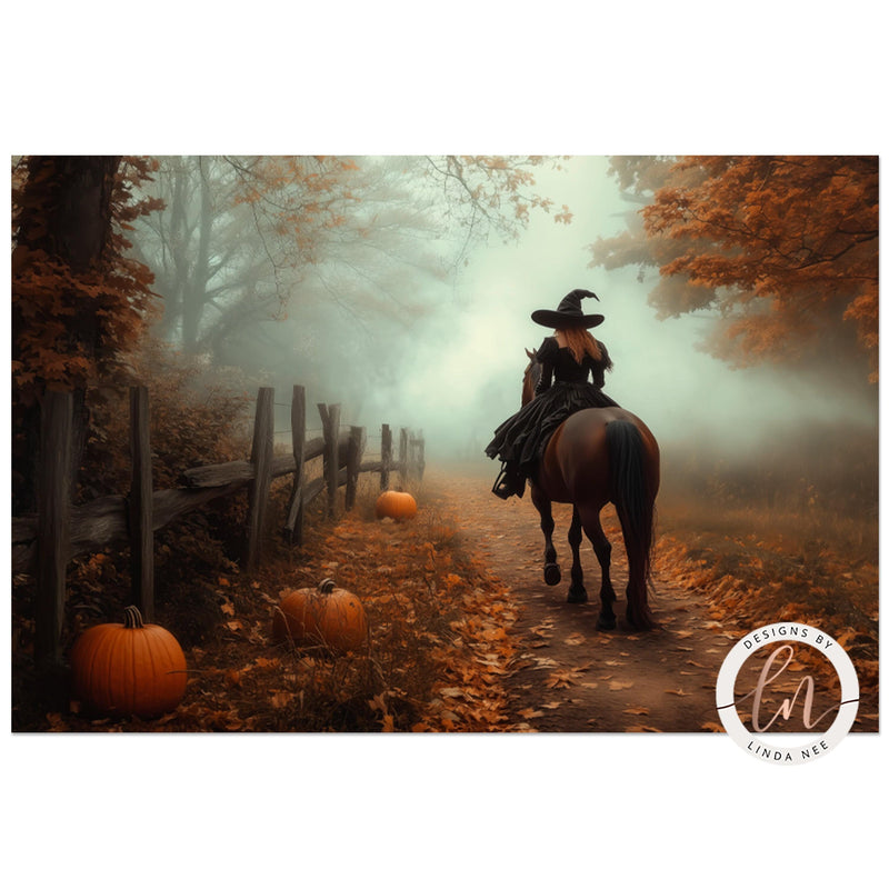 Beautiful Equestrian Witch Riding Her Horse on a Country Trail on a Fall Day Wall Art Print - Available on Metal or Fine Art Paper - Designs by Linda Nee