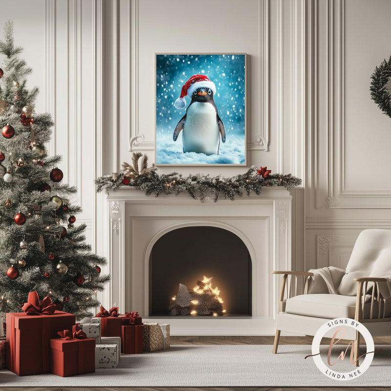 Cute Penguin Wearing a Santa Hat Christmas Wall Art Print - Available on Metal or Fine Art Paper - Designs by Linda Nee