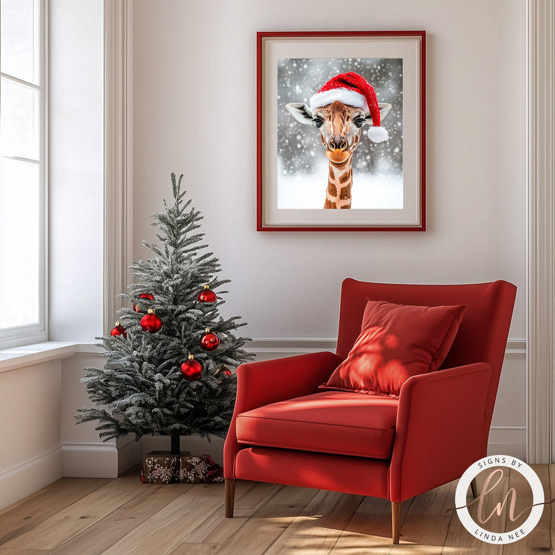 Cute Giraffe Wearing a Santa Hat Christmas Wall Art Print - Available on Metal or Fine Art Paper - Designs by Linda Nee