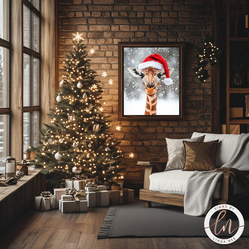 Cute Giraffe Wearing a Santa Hat Christmas Wall Art Print - Available on Metal or Fine Art Paper - Designs by Linda Nee