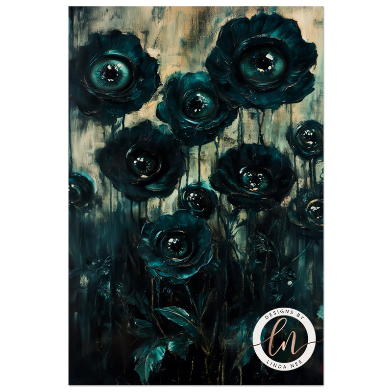 Dark Botanical Goth Print - Macabre Black Flowers with Eyes Wall Art Print - Available on Metal or Fine Art Paper - Designs by Linda Nee