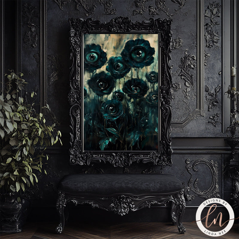 Dark Botanical Goth Print - Macabre Black Flowers with Eyes Wall Art Print - Available on Metal or Fine Art Paper - Designs by Linda Nee