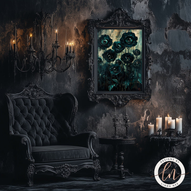 Dark Botanical Goth Print - Macabre Black Flowers with Eyes Wall Art Print - Available on Metal or Fine Art Paper - Designs by Linda Nee