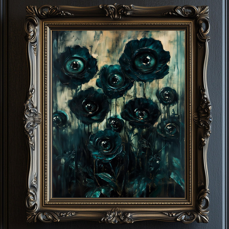 Dark Botanical Goth Print - Macabre Black Flowers with Eyes Wall Art Print - Available on Metal or Fine Art Paper - Designs by Linda Nee