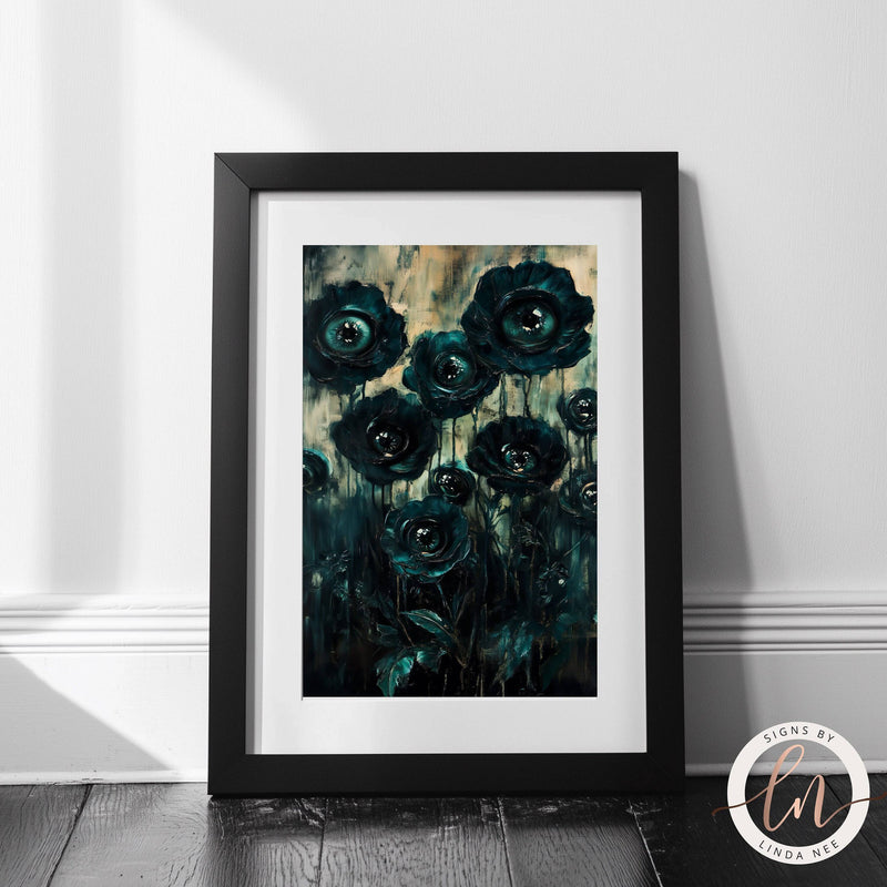 Dark Botanical Goth Print - Macabre Black Flowers with Eyes Wall Art Print - Available on Metal or Fine Art Paper - Designs by Linda Nee