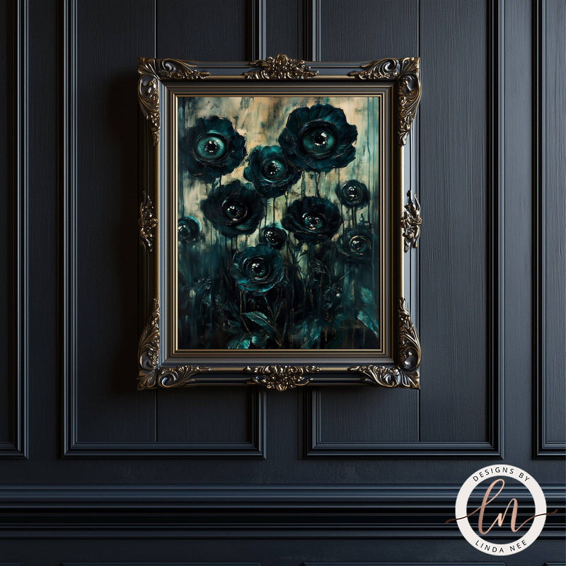 Dark Botanical Goth Print - Macabre Black Flowers with Eyes Wall Art Print - Available on Metal or Fine Art Paper - Designs by Linda Nee