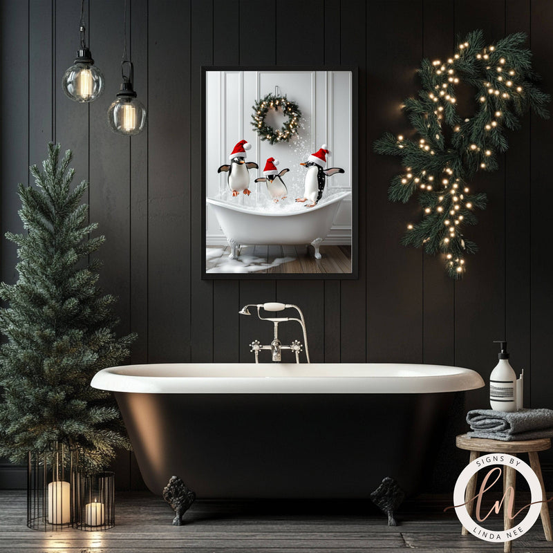 Cute Penguins in a Vintage Tub Christmas Bathroom Wall Art Print - Available on Metal or Fine Art Paper - Designs by Linda Nee