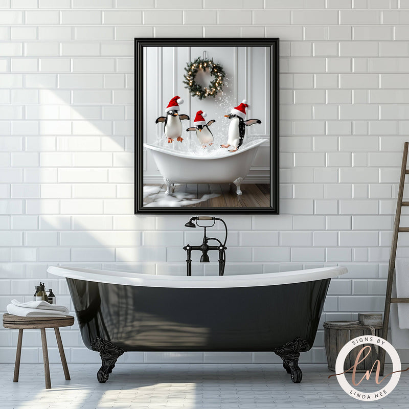 Cute Penguins in a Vintage Tub Christmas Bathroom Wall Art Print - Available on Metal or Fine Art Paper - Designs by Linda Nee