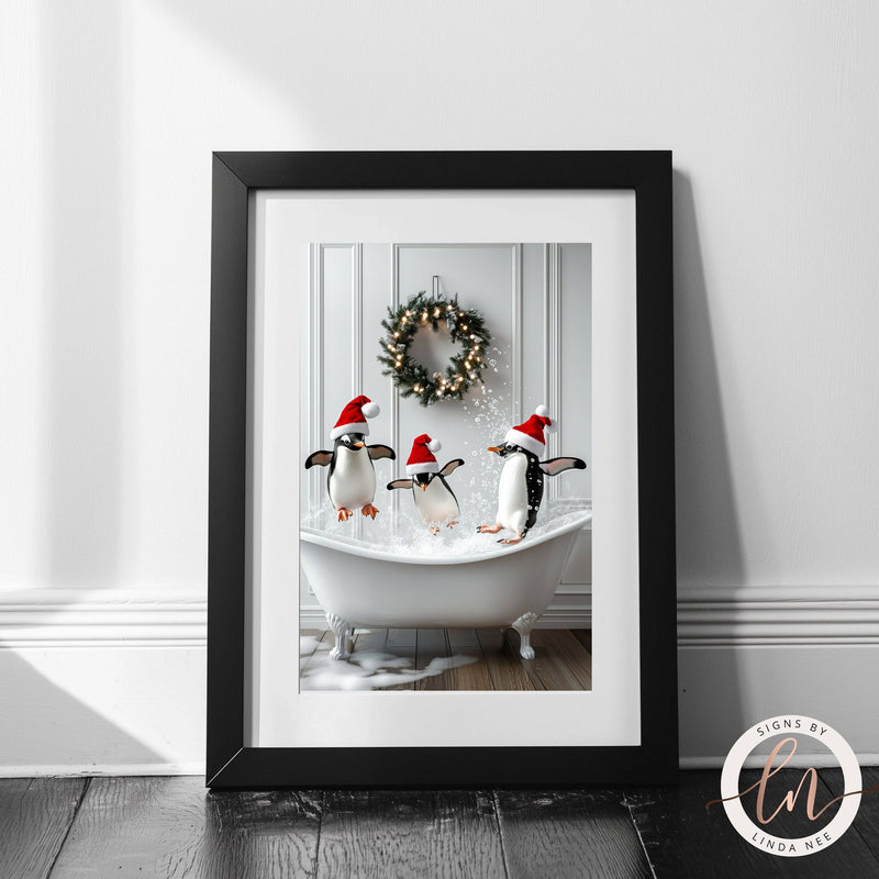 Cute Penguins in a Vintage Tub Christmas Bathroom Wall Art Print - Available on Metal or Fine Art Paper - Designs by Linda Nee