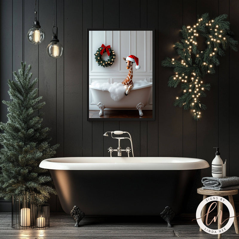 Cute Giraffe Wearing a Santa Hat in Tub Christmas Bathroom Wall Art Print - Available on Metal or Fine Art Paper - Designs by Linda Nee