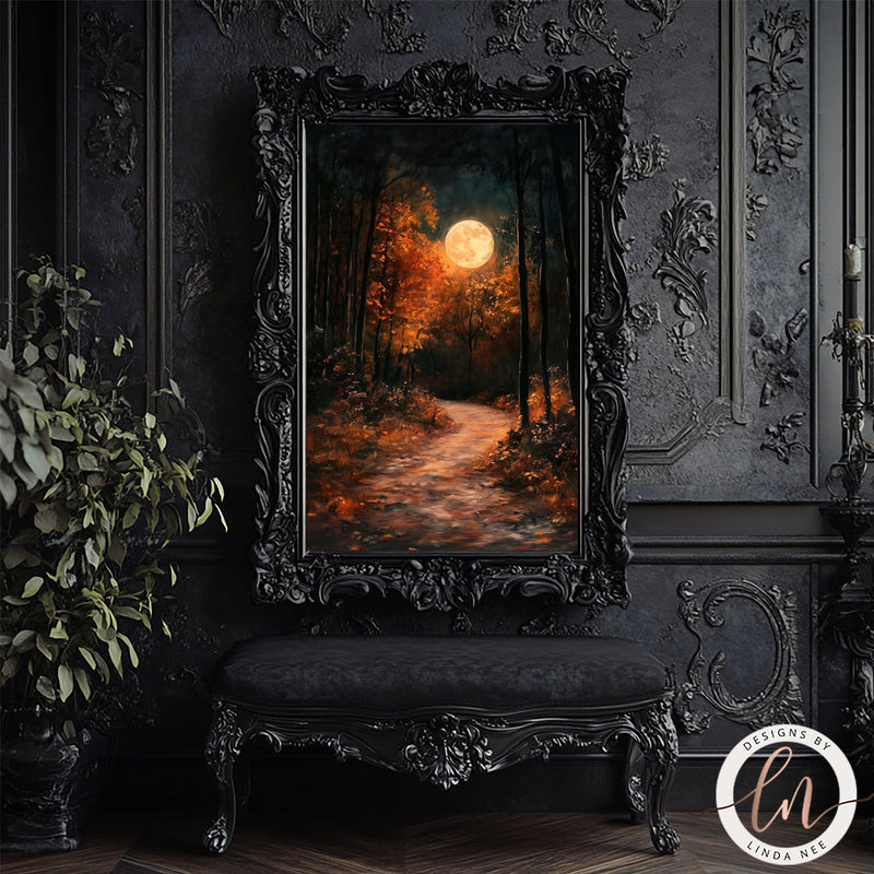 Autumn Full Moon Dark Forest Wall Art Print - Available on Metal or Fine Art Paper - Designs by Linda Nee