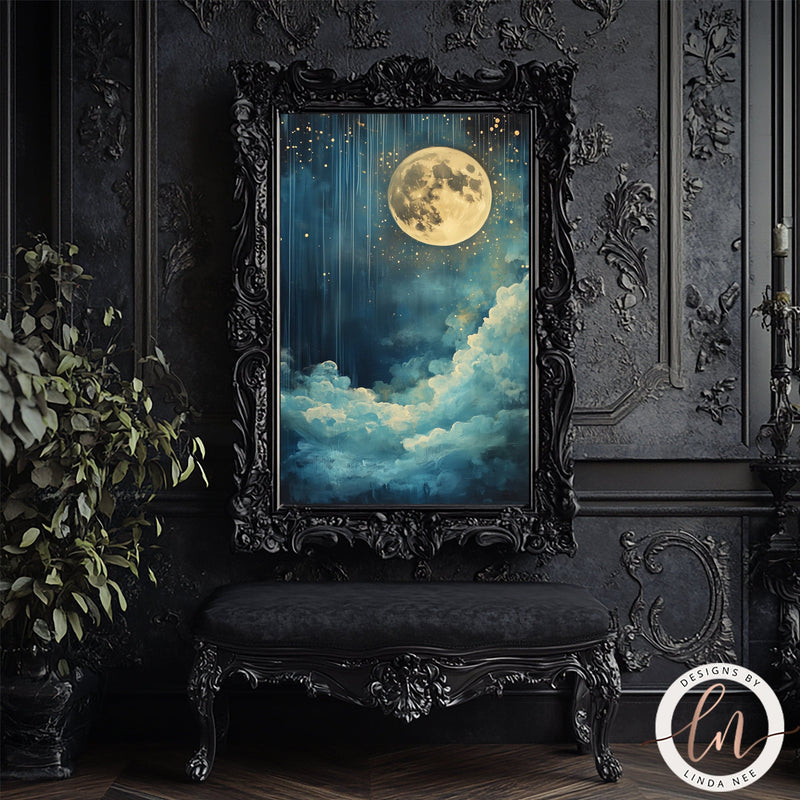 Enchanting Celestial Night Sky Moon Wall Art Print - Available on Metal or Fine Art Paper - Designs by Linda Nee