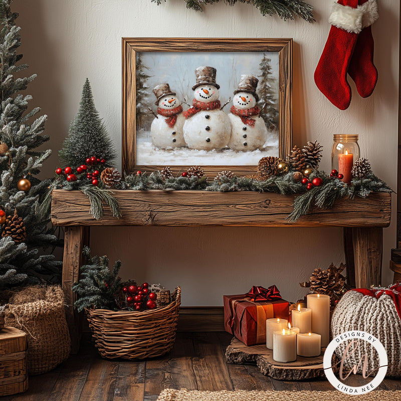 Vintage Snowman Christmas Wall Art Print - Available on Metal or Fine Art Paper - Designs by Linda Nee