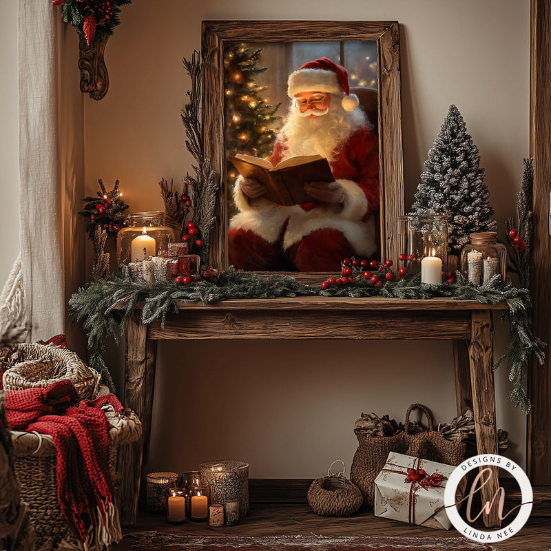 Vintage Santa Reading Twas the Night Before Christmas Oil Painting Wall Art Print - Available on Metal or Fine Art Paper - Designs by Linda Nee