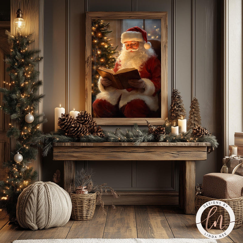 Vintage Santa Reading Twas the Night Before Christmas Oil Painting Wall Art Print - Available on Metal or Fine Art Paper - Designs by Linda Nee