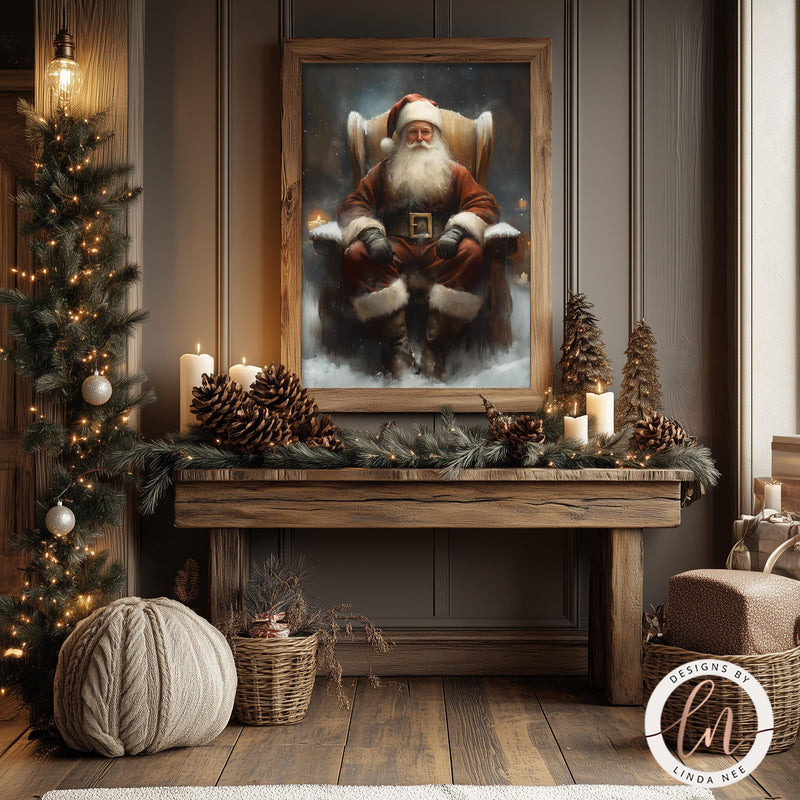 a painting of a santa clause sitting in a chair next to a fireplace