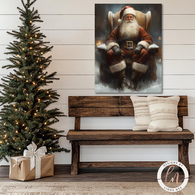 a painting of a santa clause sitting on a bench next to a christmas tree