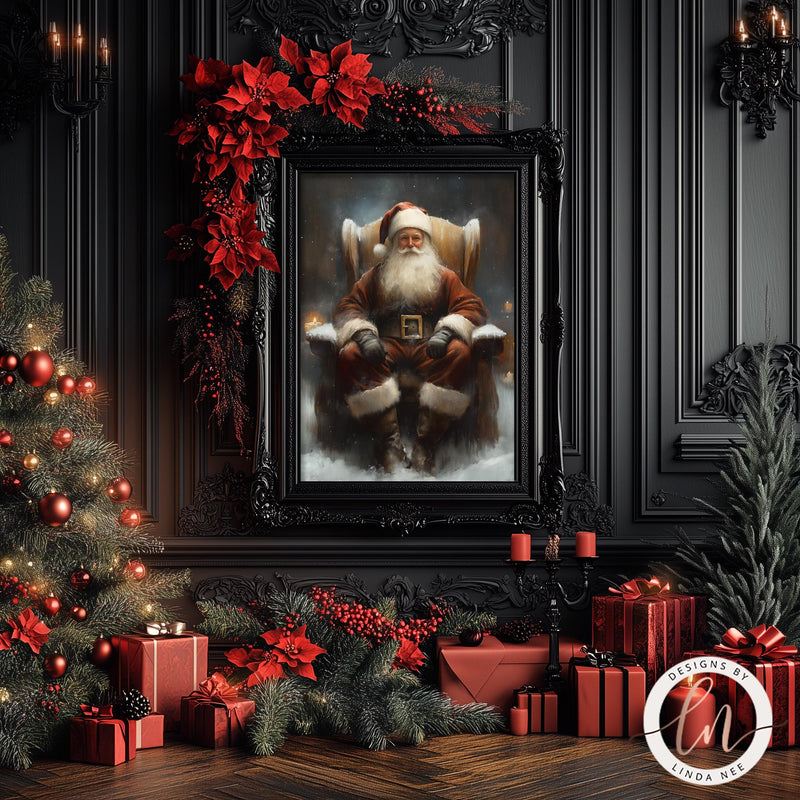 a painting of a santa clause sitting in front of a christmas tree