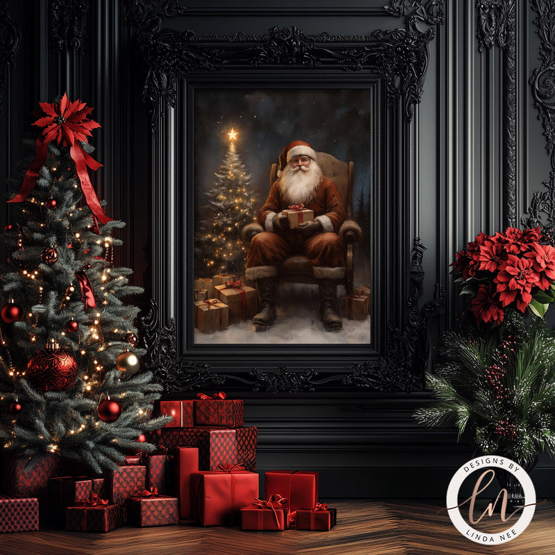 a painting of a santa sitting in a chair next to a christmas tree