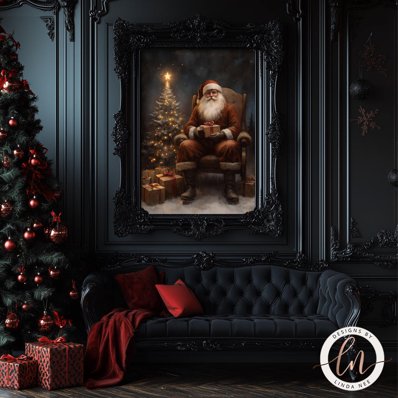 a painting of a santa clause sitting in a chair next to a christmas tree