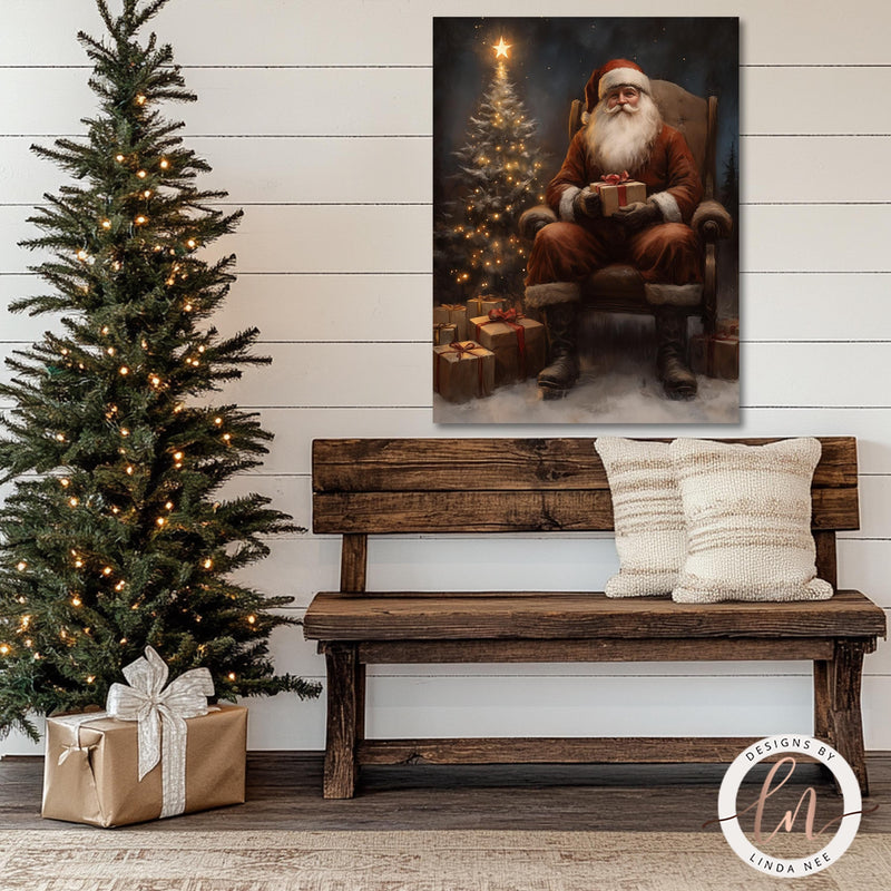 a painting of a santa sitting on a bench next to a christmas tree