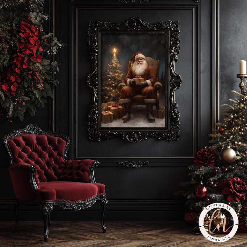 a painting of a santa sitting in a chair next to a christmas tree