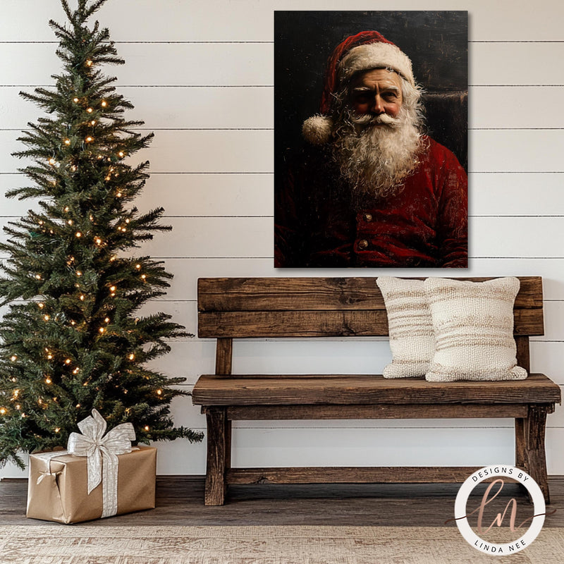 a wooden bench with a christmas tree next to it