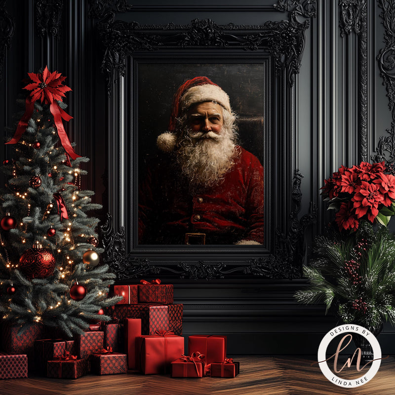 a painting of a santa claus next to a christmas tree