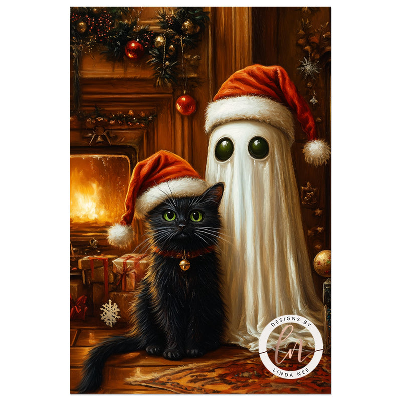 a black cat wearing a santa hat next to a ghost