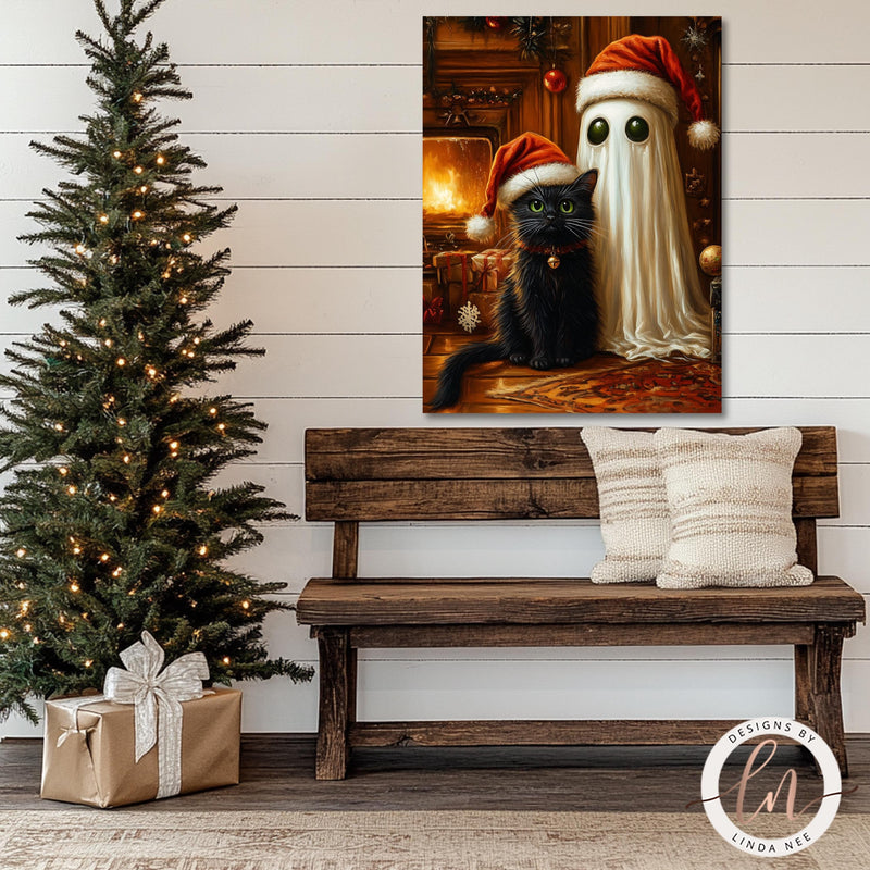 a black cat sitting on a bench next to a christmas tree