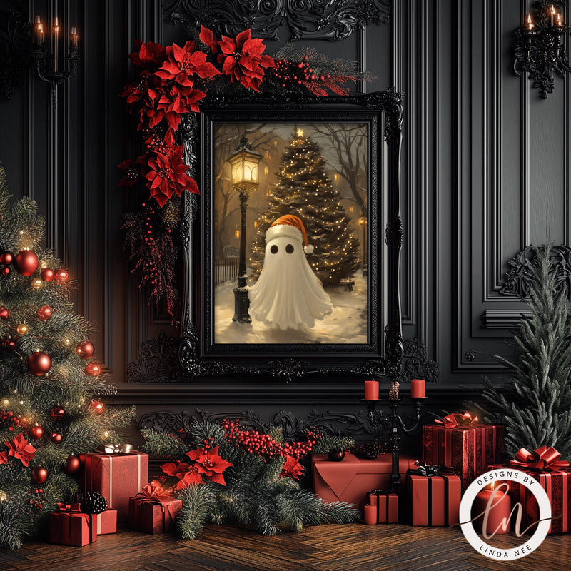 a painting of a ghost in a room with christmas decorations