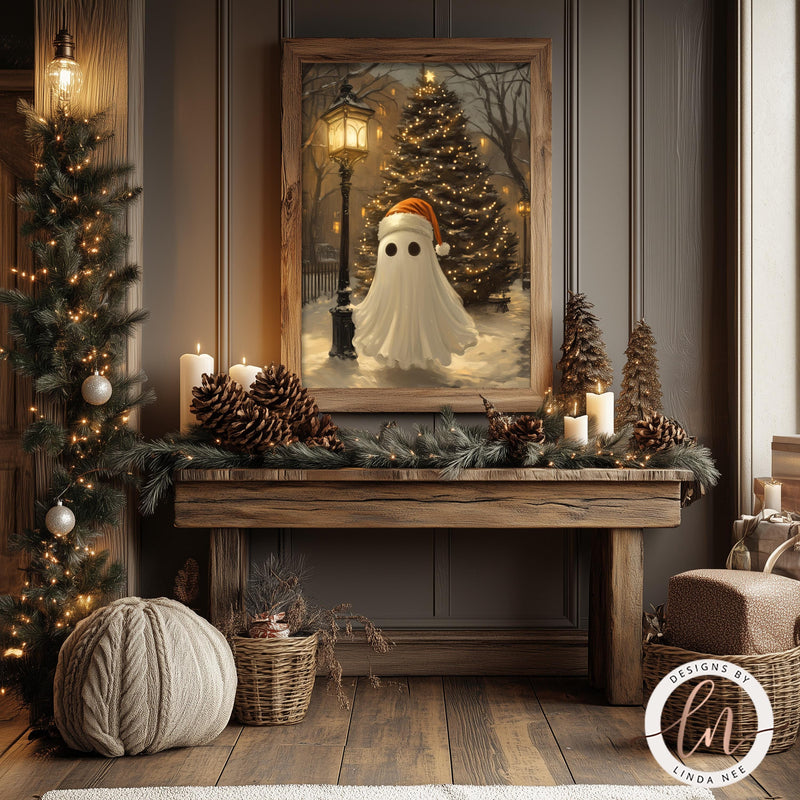 a fireplace decorated for christmas with a painting of a ghost