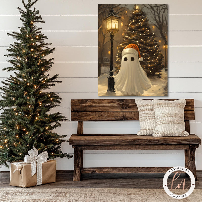 a painting of a ghost sitting on a bench next to a christmas tree