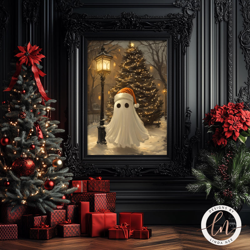 a painting of a ghost next to a christmas tree