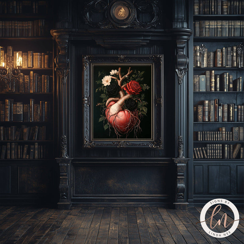 Dark Academia Human Anatomical Heart with Roses Dark Academia Wall Art Print - Available on Metal or Fine Art Paper - Designs by Linda Nee