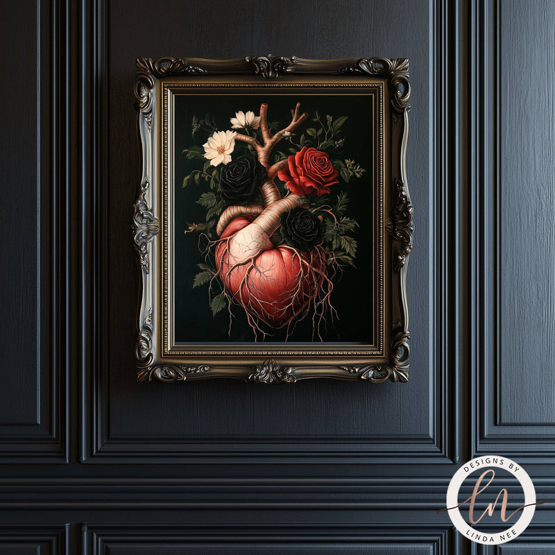 Dark Academia Human Anatomical Heart with Roses Dark Academia Wall Art Print - Available on Metal or Fine Art Paper - Designs by Linda Nee