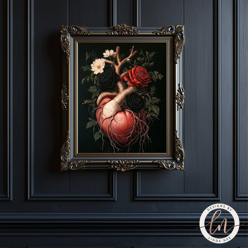 Dark Academia Human Anatomical Heart with Roses Dark Academia Wall Art Print - Available on Metal or Fine Art Paper - Designs by Linda Nee