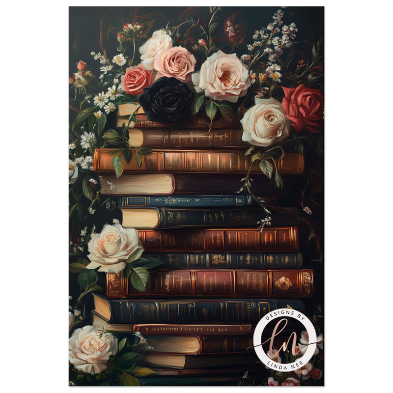 Dark Academia Vintage Stack of Books Gothic Wall Art Print - Available on Metal or Fine Art Paper - Designs by Linda Nee