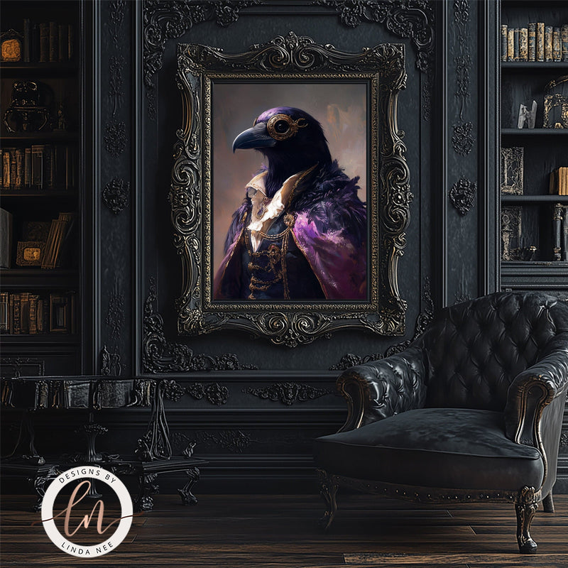 Anthropomorphic Noble Raven Portrait Wall Art Print - Available on Metal or Fine Art Paper - Designs by Linda Nee