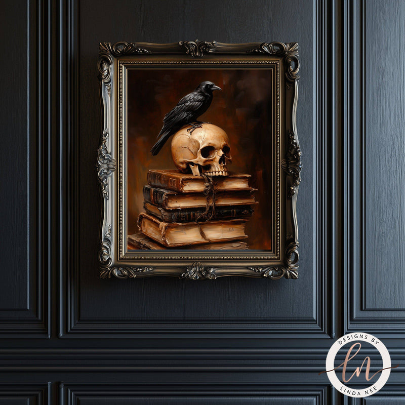 a painting of a skull with a crow on top of a pile of books