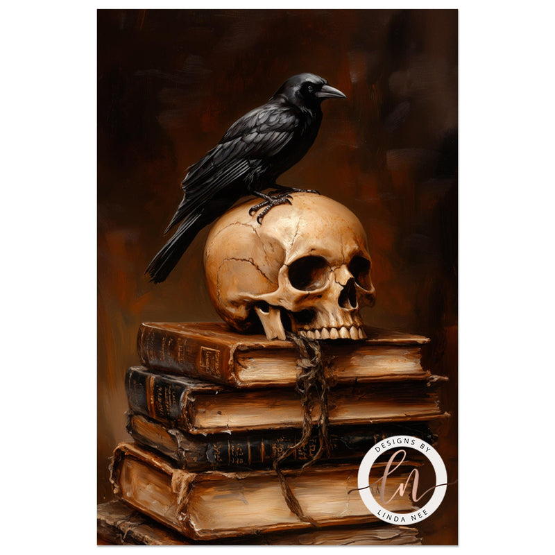 a painting of a crow sitting on top of a pile of books