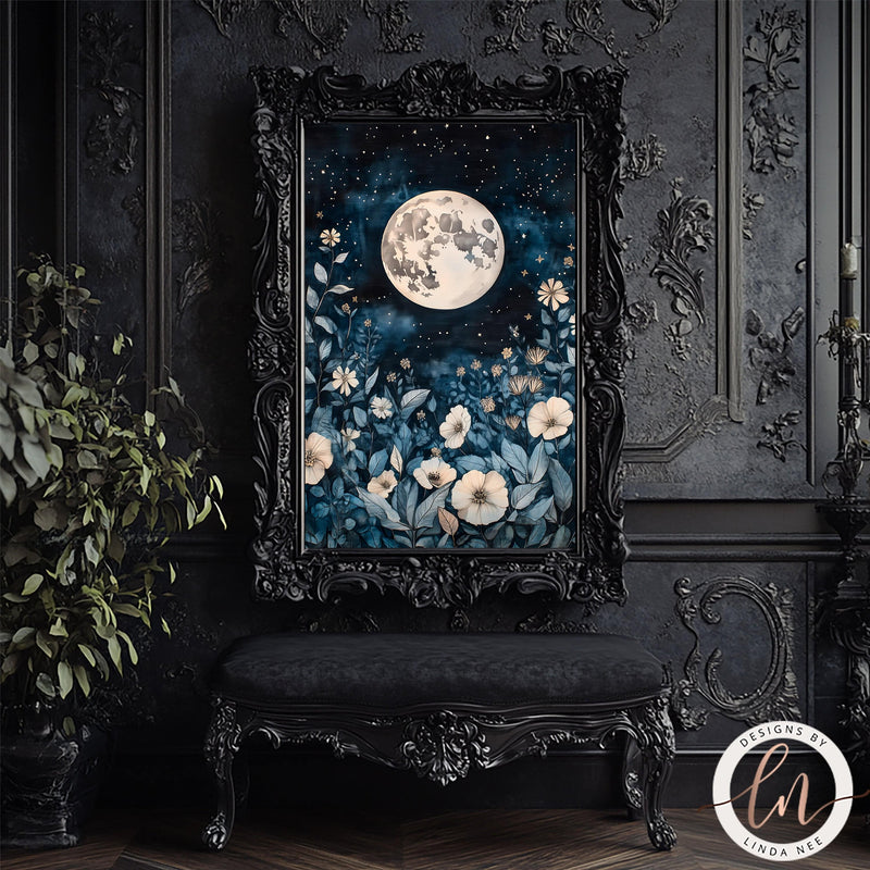 Full Moon Celestial Botanical Wall Art Print - Available on Metal or Fine Art Paper - Designs by Linda Nee