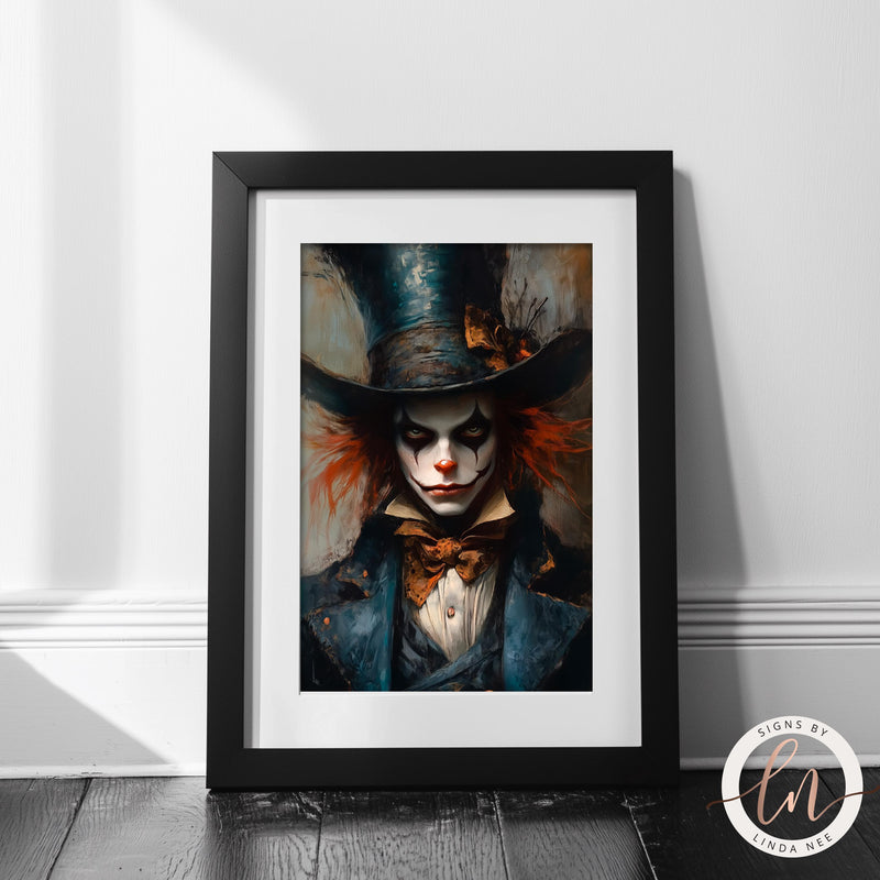 a painting of a clown wearing a top hat