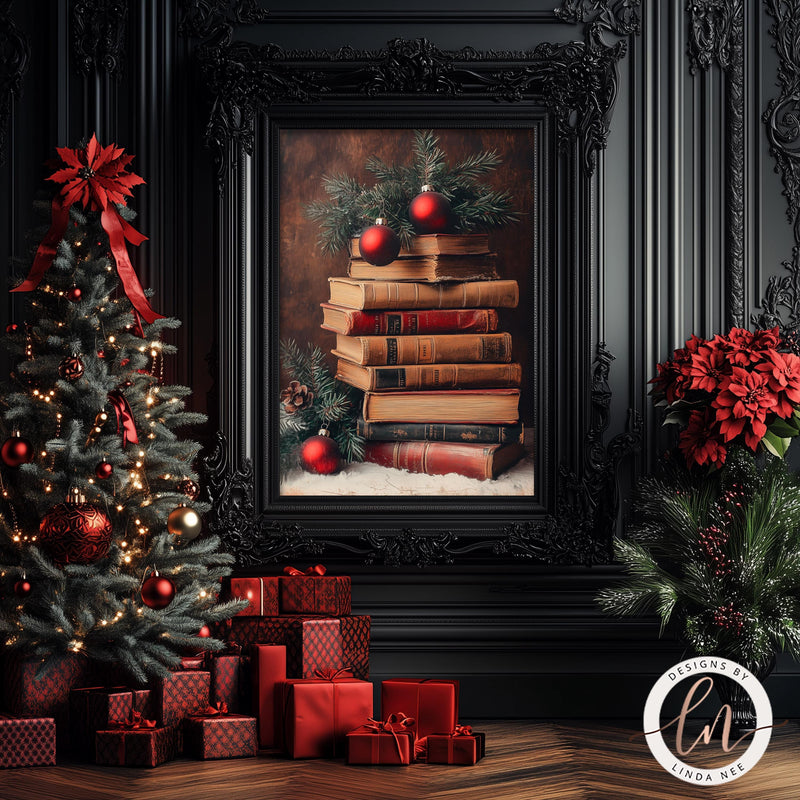 a painting of a christmas tree and a pile of books