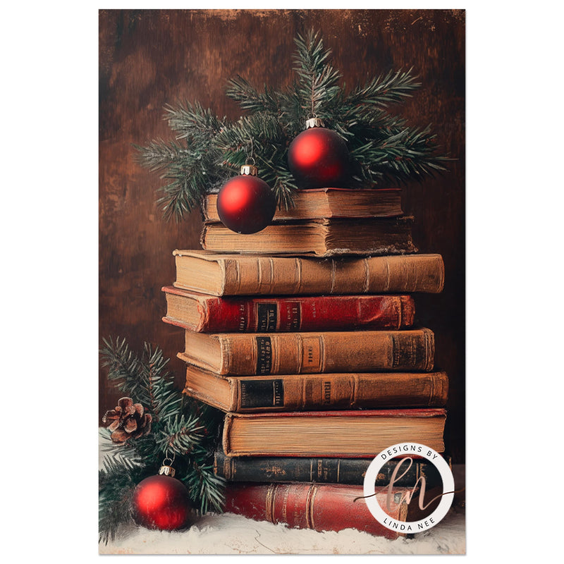 a painting of a stack of books with ornaments on top